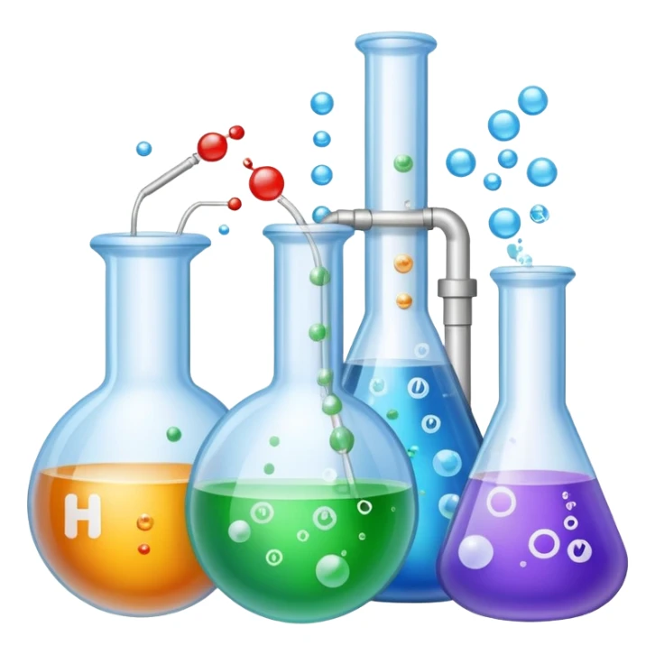 An icon featuring laboratory flasks with tubes, symbolizing chemistry. The design includes liquid and powder substances, a chemical reaction with bubbles, and molecular formulas, representing chemical processes like hydrolysis. Transparent background sticker
