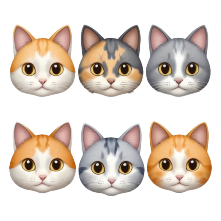 6 realistic looking cats with different natural coloured coats, assorted grey and white, greys, calico colours etc
 sticker