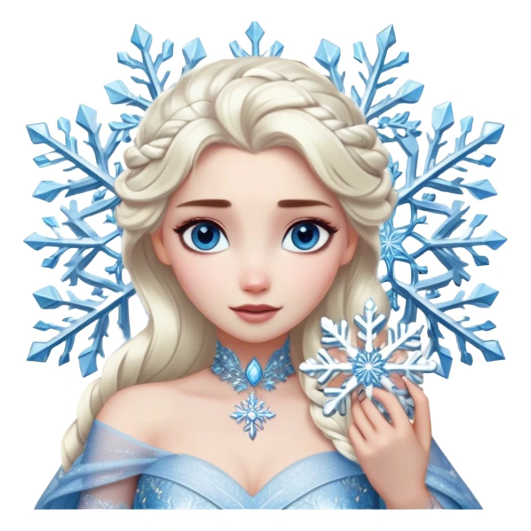 Cinematic Realistic Elsa Portrait, depicted with lifelike skin texture, soft natural lighting, and intricately detailed platinum blonde hair styled elegantly. Her striking, expressive blue eyes exude confidence and grace, complemented by a serene and regal expression. She holds a shimmering snowflake delicately in one hand, her other hand resting against her gown, embodying the power and beauty of winter. She is dressed in her signature icy attire, with shimmering fabric textures and delicate folds that catch the light beautifully. The portrait features a soft, enchanting glow with a cool, radiant finish, capturing the essence of timeless elegance in a realistic and painterly style. sticker