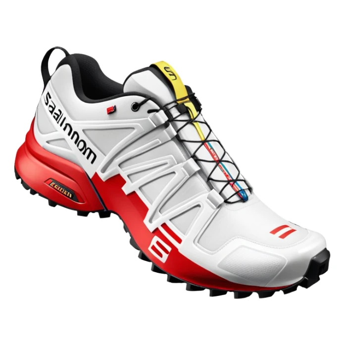 White Salomon XT-6 shoes with the signature colored speedcross stripe running through the middle, red Salomon logo stripe, one shoe behind the other, iOS emoji style, rest of the shoe pure white sticker