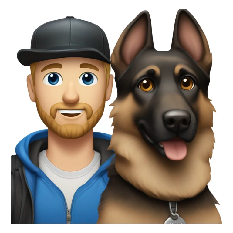white male with blue eyes, a black beard and a baseball hat alongside a black and brown german shepherd  sticker