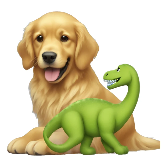 A golden retriever playing with a big dinosaur stuffed animal sticker