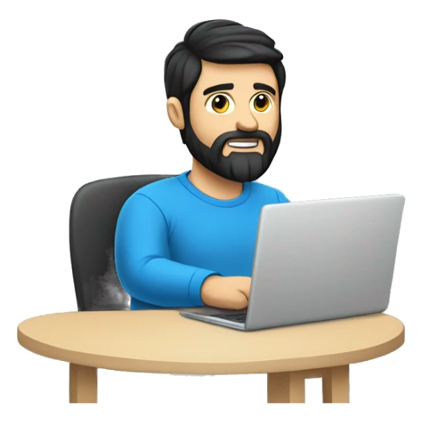 white guy with beard black hair big nose thin face typing in laptop wearing blue t-shirt, saying Hi sticker