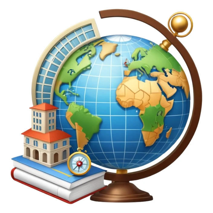 An icon featuring a hotel building, and a globe, symbolizing the scientific study of tourism and hospitality. The design includes a map, a compass, and a checklist, representing travel planning and service management. Transparent background highlights the academic exploration of the tourism industry sticker