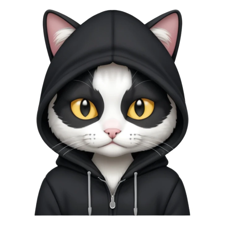 black and white cat wearing black hoodie sticker