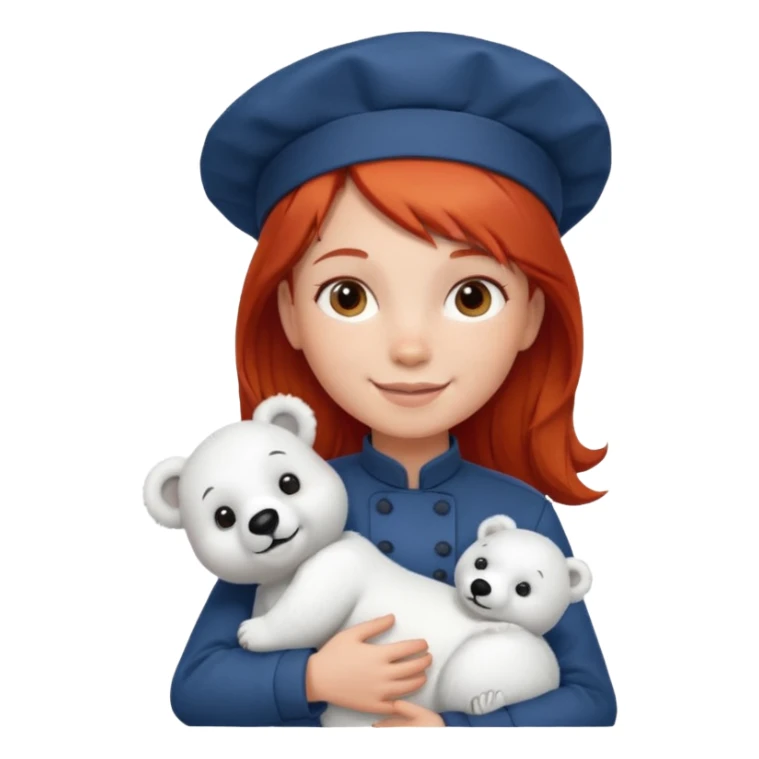 girl kid italian chef, red haired, uniform, holding plush polar bear sticker