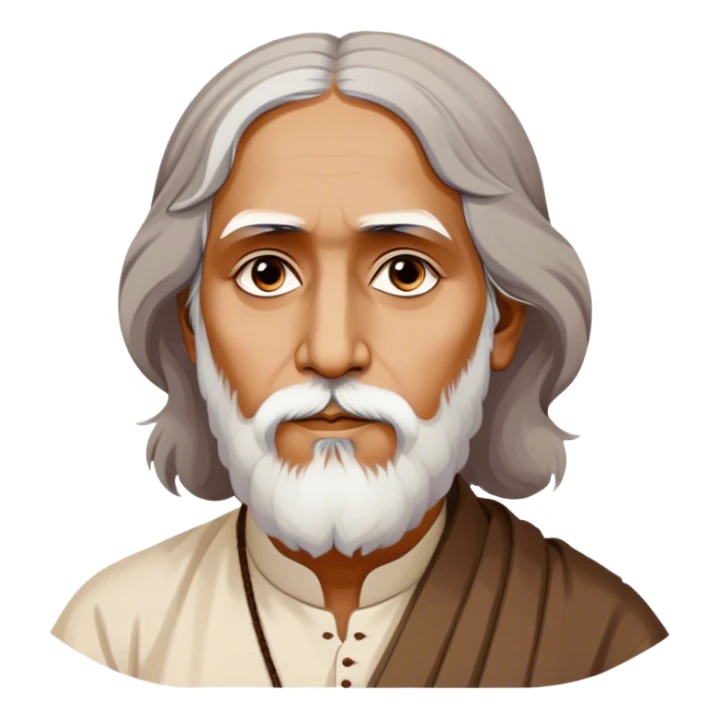 Rabindranath Tagore – Cinematic Realistic Portrait of Rabindranath Tagore, depicted with thoughtful, soulful eyes and gentle features, dressed in traditional Bengali attire with subtle artistic motifs, bathed in warm, soft lighting that evokes his poetic genius and timeless wisdom. sticker