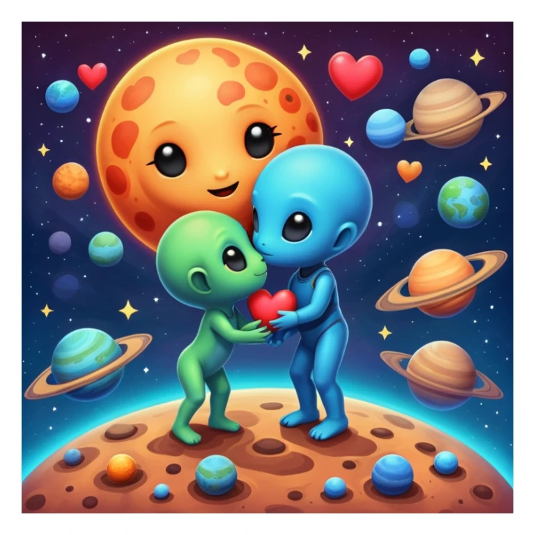 Cute cosmic scene with heart planets and small alien couples kissing and hugging on the planets, colorful solar system sticker