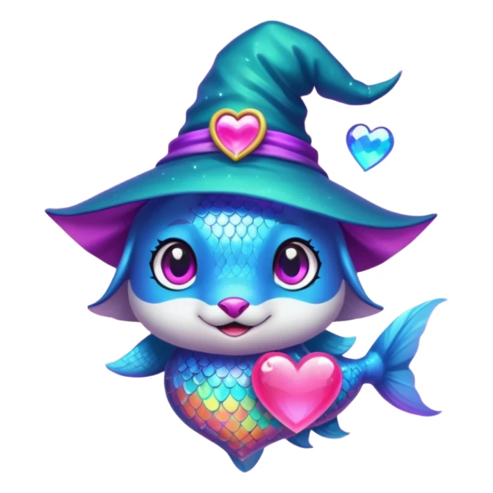Make the rainbow fish glow with a magical aura and change the blue fox to a neon teal color, keep the purple sparkly witch hat, magical background, and big pink heart in vibrant toon style. sticker