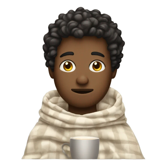 man with short curly hair black inside a blanket sipping coffe eyes closed sticker