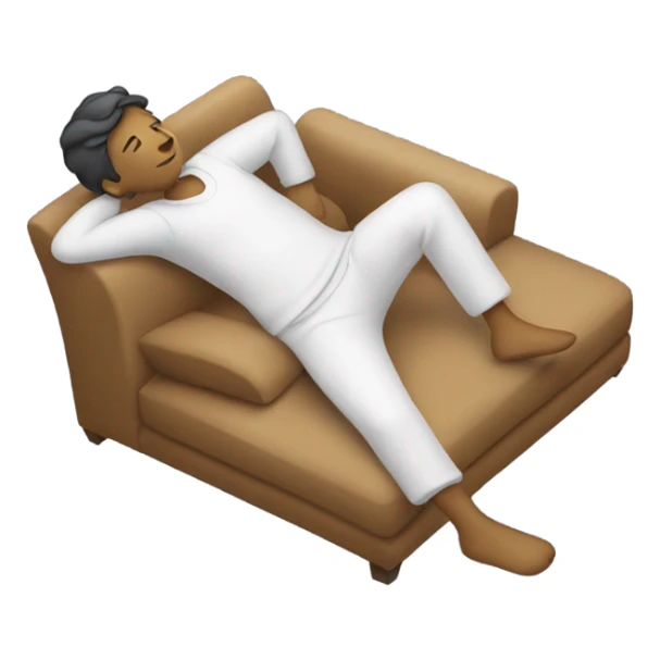 A person lying on a sofa, one leg crossed over the other, with hands behind the head, relaxing in a cozy setting, neutral skin sticker
