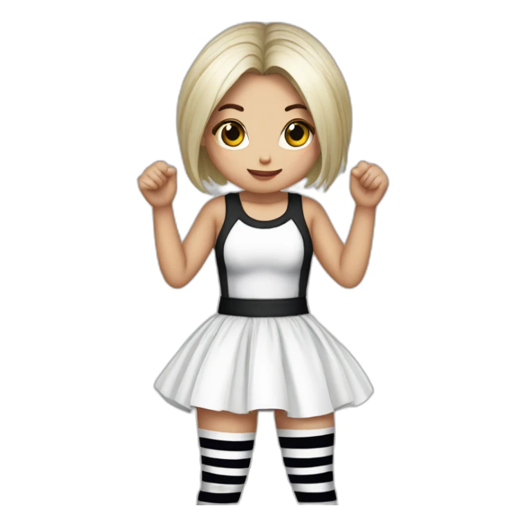 Frontal view curvy emo girl sits white skirt striped stockings hands up sticker