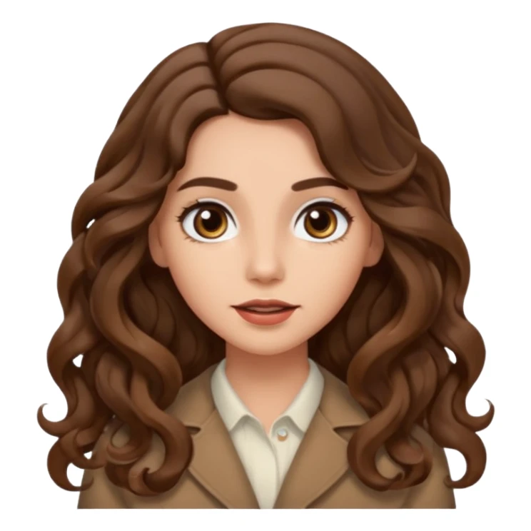 She has long, brown hair styled in soft wavy curls with a middle part. She has well-shaped eyebrows and dark brown eyes. She is wearing light makeup that highlights her natural beauty and is offering a slight smile to the camera. She is surprise sticker