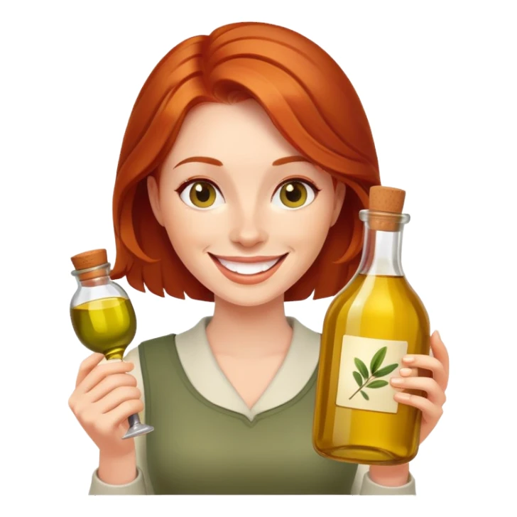redhead woman with big smile holding olive oil bottle sticker
