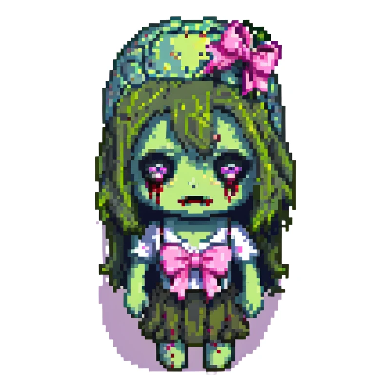 pixel art zombie girl, pink bow, exposed brain, chibi style sticker