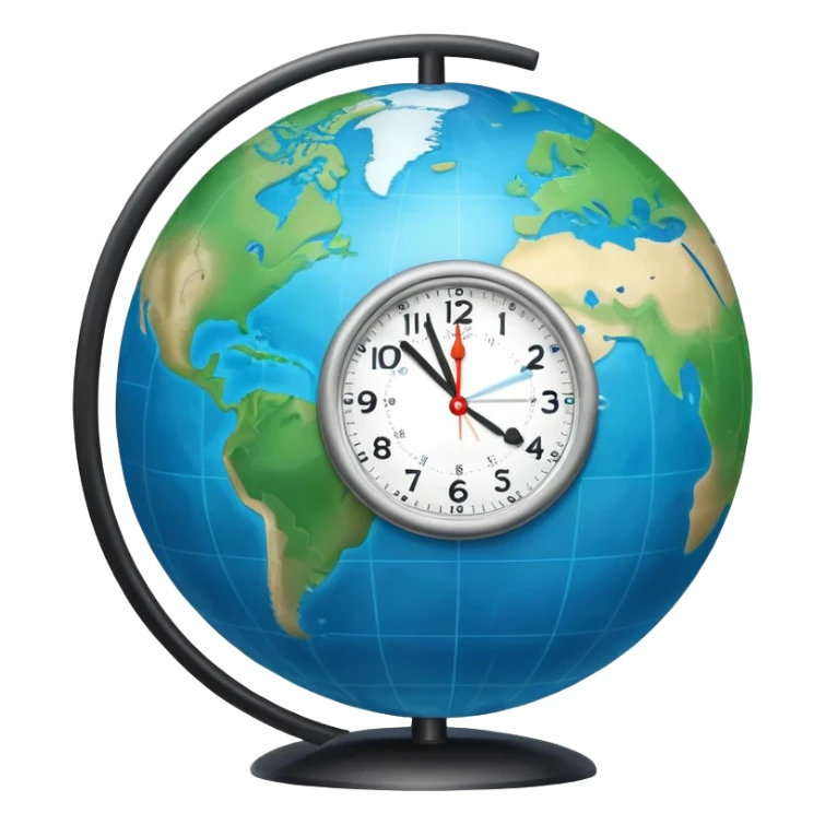 Earth globe with analog clock in corner, timezone symbol, iOS emoji style sticker
