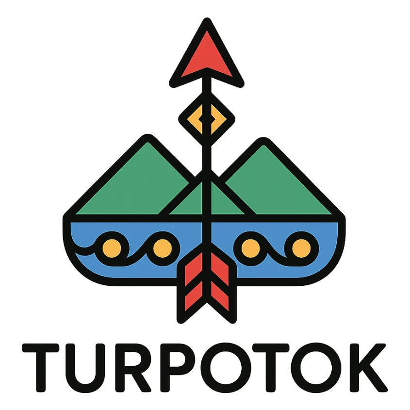 Colorful minimalist logo for Turpotok with a Kurai arrow, Ural Mountains, and Bashkir ornamentation. Text 'Turpotok' in a modern sans-serif font sticker