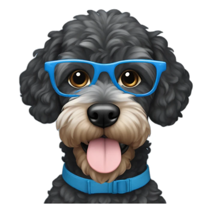 black cockapoo with white hairs on his chin wearing blue rectangle glasses sticker