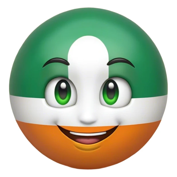 "A 2D-rendered, glossy, spherical emoji with a cheerful smiling face. The sphere is painted with the colors of the Indian flag—saffron on top, white in the middle, and green at the bottom. The emoji has large, shiny green eyes with black pupils, reflecting light for a cute and friendly expression. The background is plain white, making the vibrant colors and glossy texture of the sphere stand out. The overall style is smooth and cartoon-like, with a polished and modern look." sticker