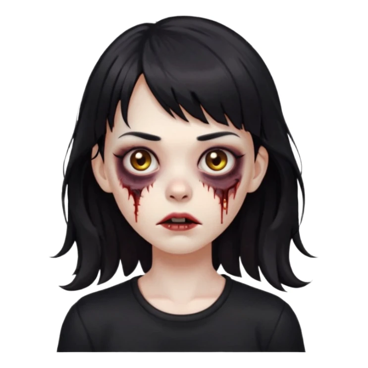 Zombie girl, with bangs above her eyebrows, her dark hair, thin eyebrows. Long hair and Wavy her clothes are black sticker