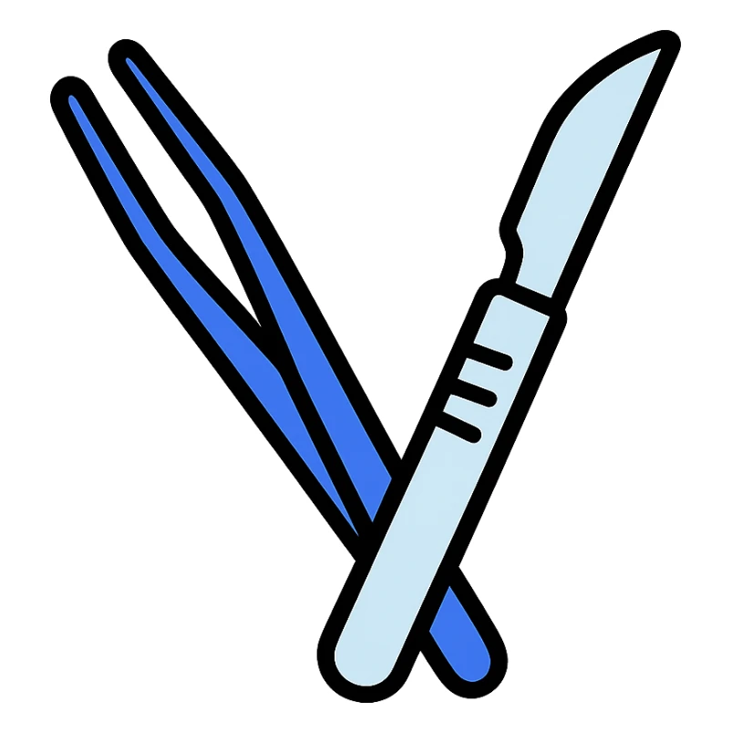 surgery icon style, simple and clear, scalpel and forceps, blue and white color scheme sticker