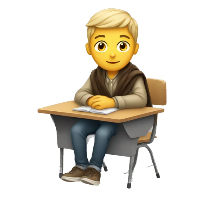 white boy sitting in a school desk with a blanket wrapped around shoulders sticker