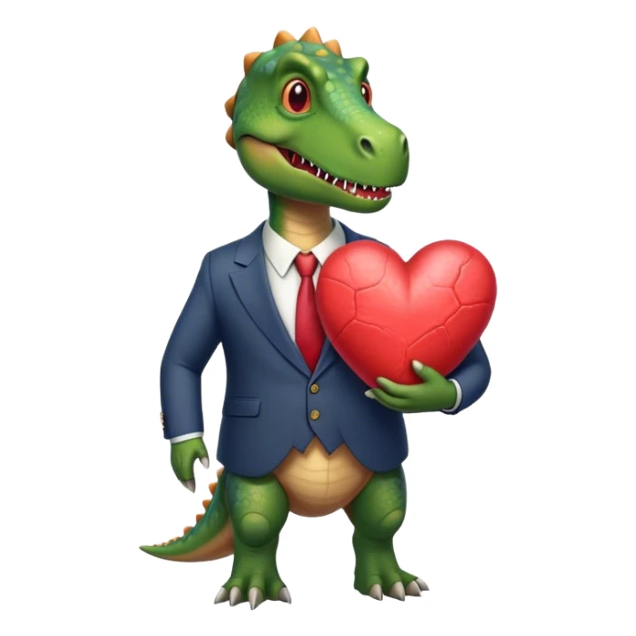 old dinosaur in a suit holding a very big heart sticker