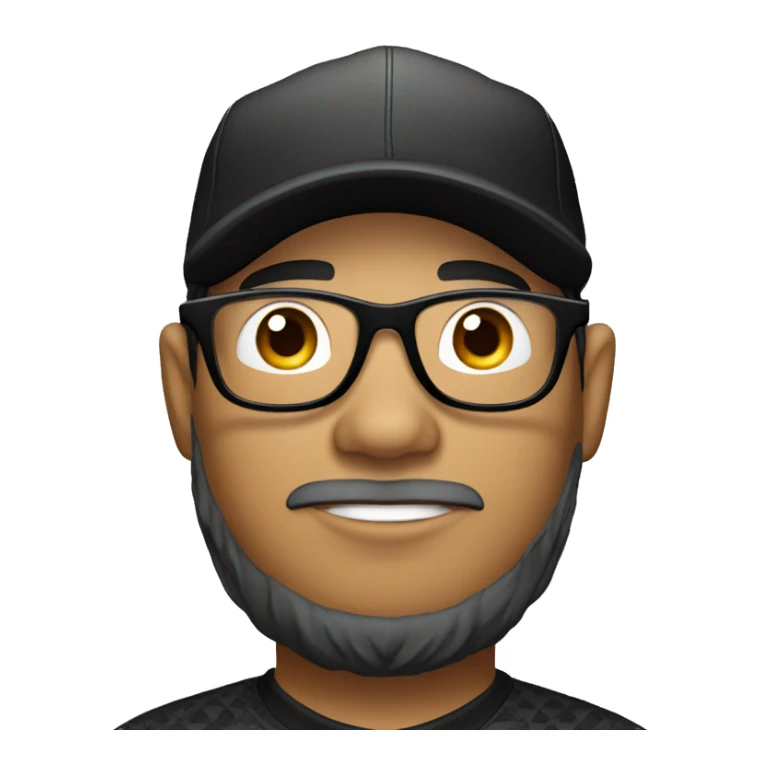 filipino golfer face wearing black rimmed glasses, with light beard, and black cap sticker