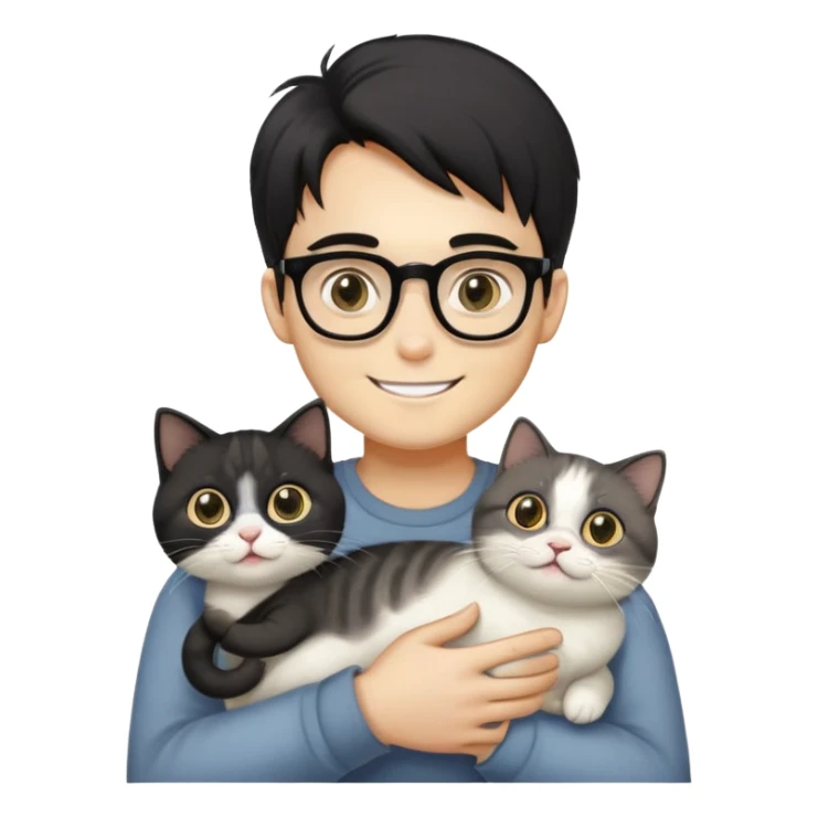 Young man with warm yellow-toned skin, long face, black back-length hair, large eyes, thin-rimmed square glasses, smiling gently while holding a grayish-white Munchkin cat with short legs and a gray patch under its mouth sticker