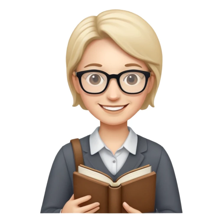 English teacher holding a book, smiling, wearing glasses sticker