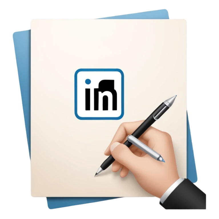 A hand writing a paper with the LinkedIn logo on it sticker