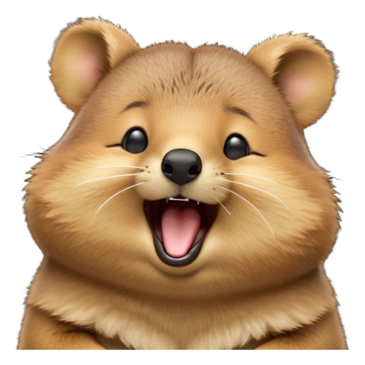 cinematic-realistic  yawning quokka-emoji,-small-round-frame, head tilted in an endearing manner, wouth wide open yawning, sleepy comical smile, round fluffy cheeks, giant-fluffy-cheeks-large-smile-fluffy-brown-fur-radiating-a-warm-softness,-big-round-eyes-filled-with-joy, realistic round  fluffy zoomed in, large black eyes one paw raised in the air sticker