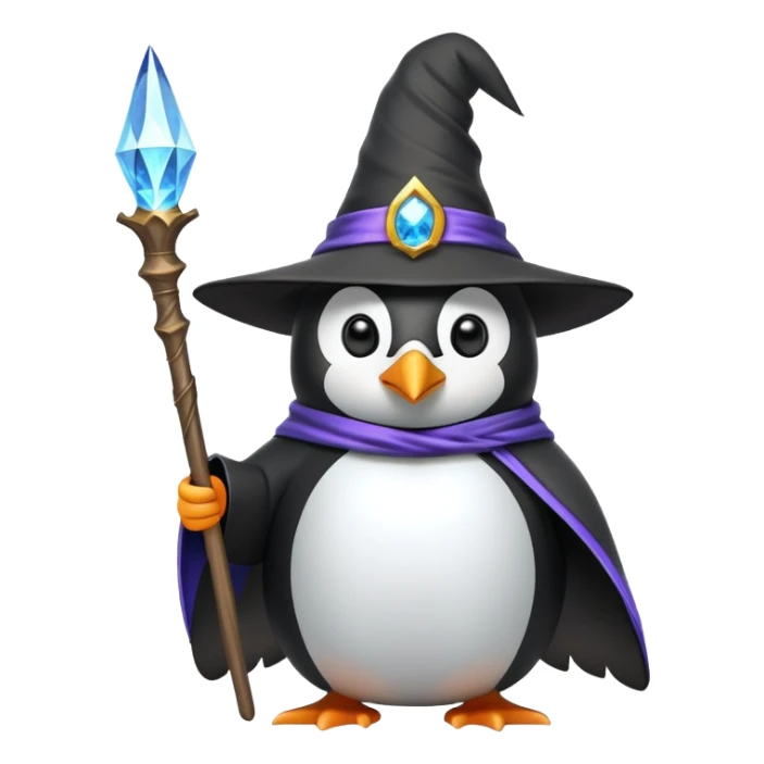 penguin dressed as a wizard with magical staff and pointy hat sticker