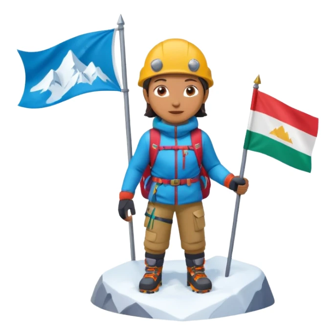 A 3D cartoon mountaineer standing on a snowy Everest-like summit with a flag, wearing colorful climbing gear, soft lighting, Memoji-style. sticker