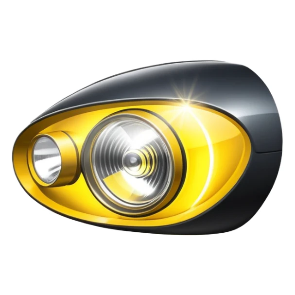 A car headlight, shining brightly with a focused beam of light, cutting through the dark, illuminating the road ahead. The light is intense and clear, often with a white or yellowish glow sticker