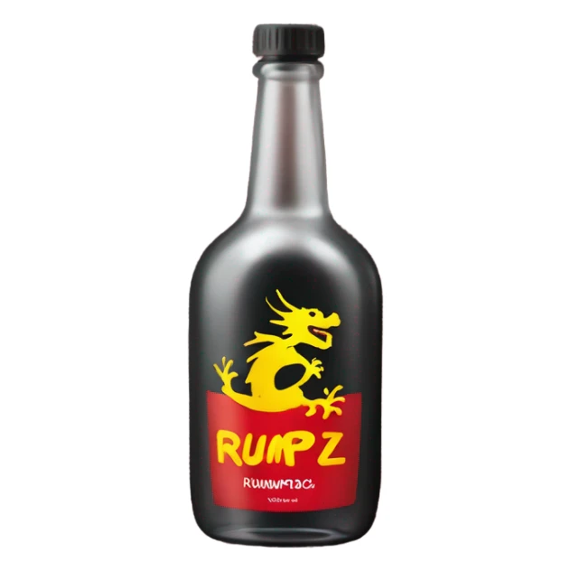 clear alcohol bottle with yellow dragon on a black and red label that says “RUMPZ”  sticker