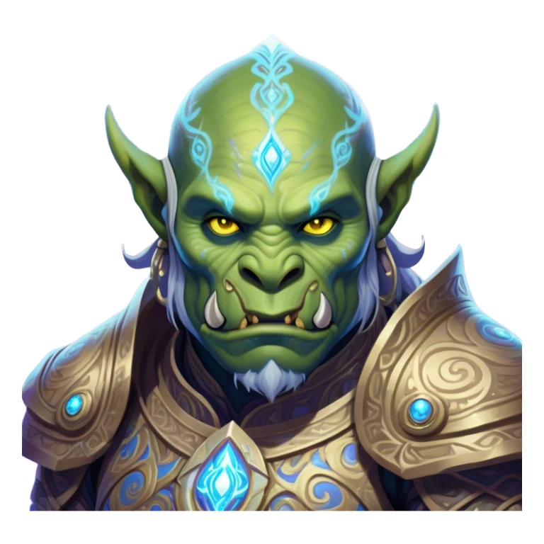 A luminescent galactic enchanted orc, his ethereal presence shimmering with otherworldly energy, each detail radiating with mystical power and ancient wisdom. The painting, a masterpiece of acrylic art, captures the orc's hauntingly beautiful visage in exquisite detail. Swirls of cosmic colors dance around him, evoking a sense of celestial wonder, while intricate patterns of glowing runes adorn his intricate armor. The image is vivid and captivating, drawing viewers into a mesmerizing realm of fantasy and magic. sticker