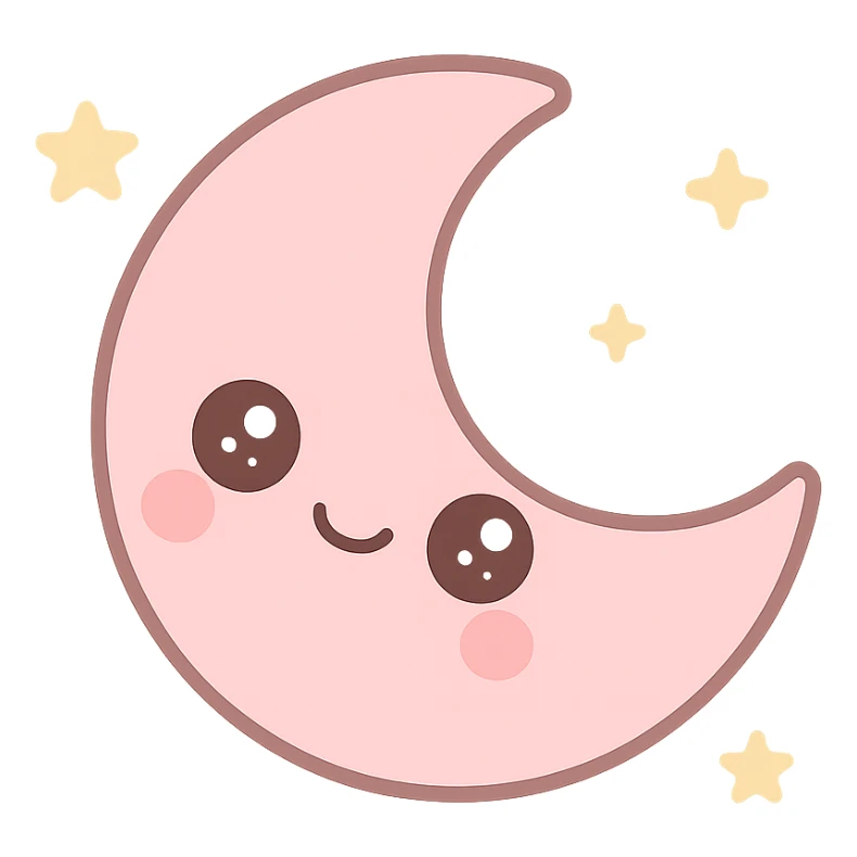 kawaii style icon of a pink moon with a cute face, soft pinks sticker