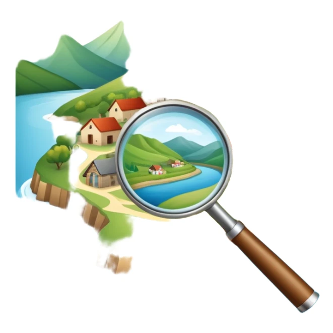 An icon featuring a magnifying glass over a local map, with a small village, traditional house, and natural landmarks like a river and hill, symbolizing local history and geography. Transparent background highlights the study of native land, culture, and heritage. sticker