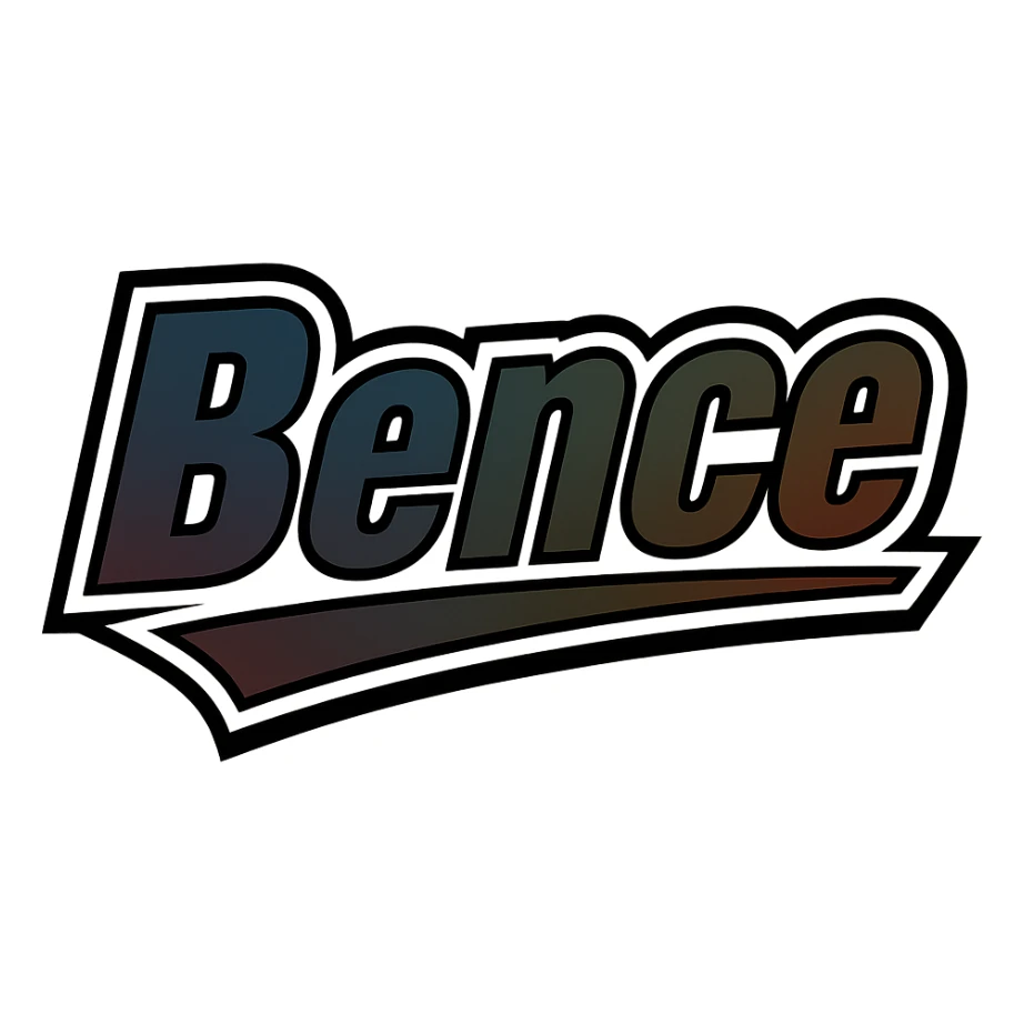 Bence name in masculine, modern gradient font with precise Hungarian characters, dark contour, extra wide and prominent white letter frame as in reference images, dynamic slanted underline, masculine color shades (blue, gray, burgundy, green, brown), 1000x1000 px, PNG, transparent background sticker