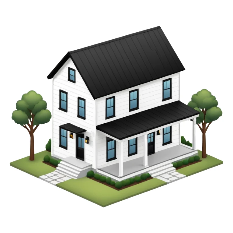 modern farmhouse with white siding and black trim, 3d isometric sticker