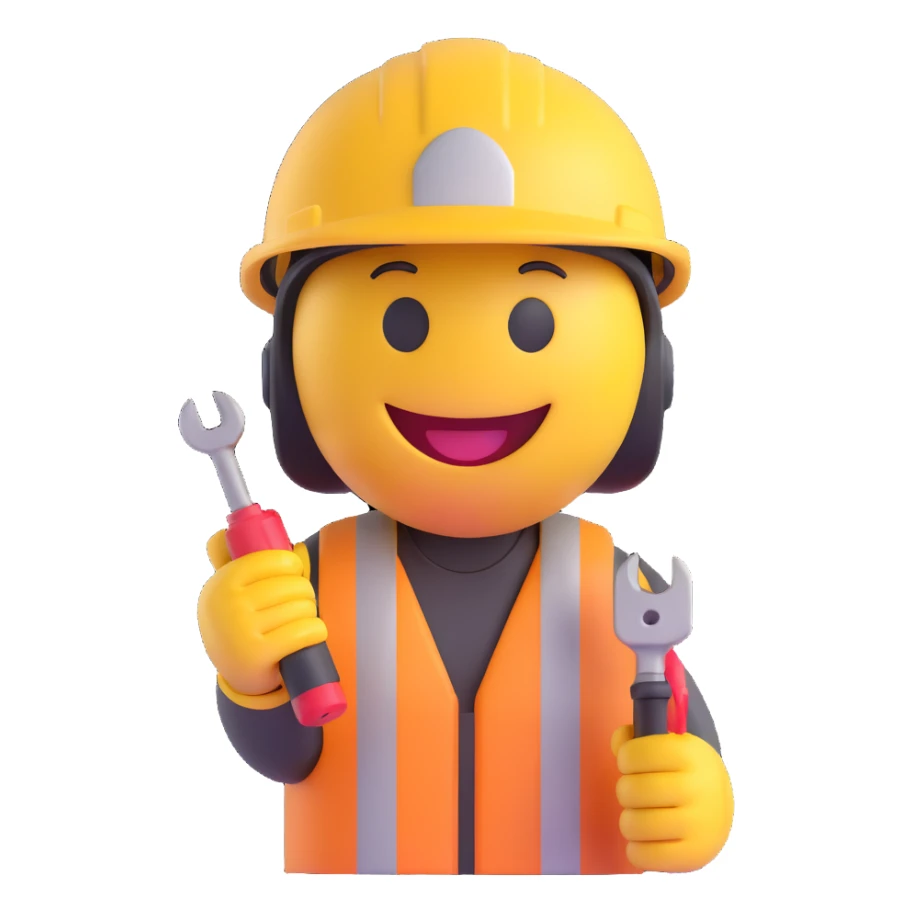 3D smiley emoji, circular shape, electrician with protective helmet and screwdriver, smiling face sticker