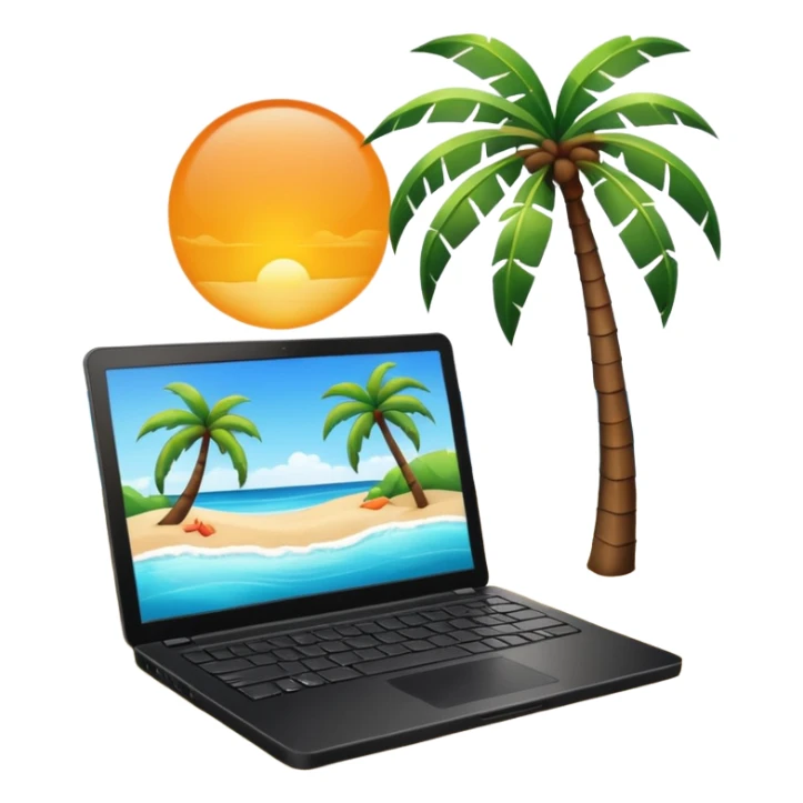 An open laptop in the foreground on the beach. Background shows sea, sun, and a palm tree. No people, no text sticker