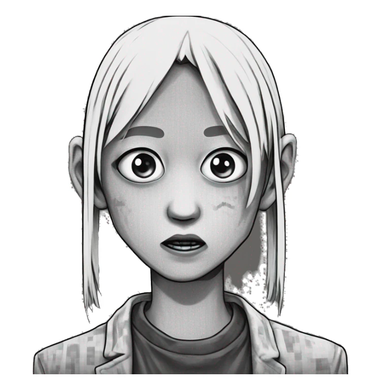 character from junji ito's horror manga in pixel art black and white style sticker