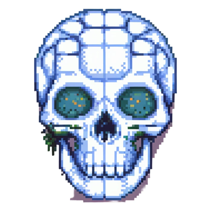 skull with mind blown effect, cartoonish, pixel art style sticker
