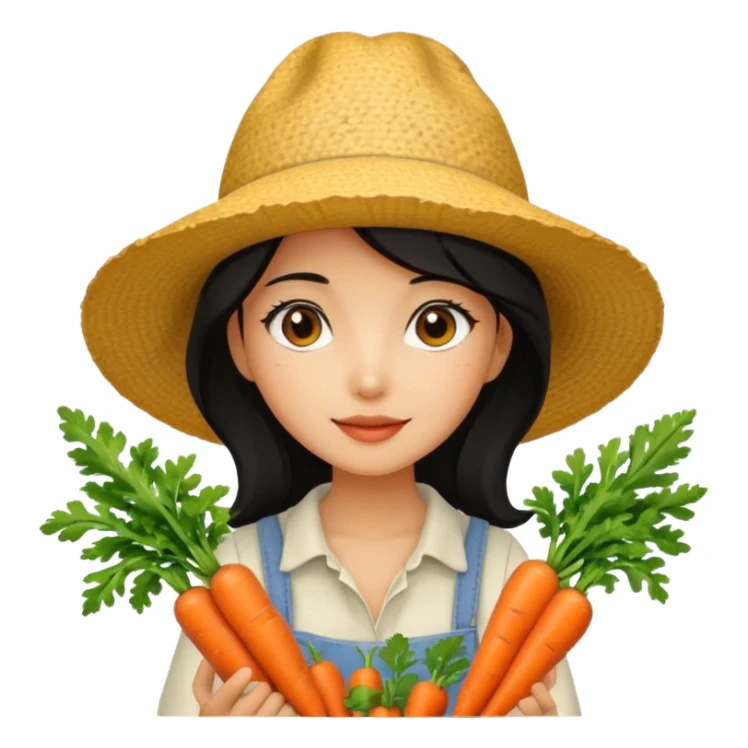 girl with black hair and a sunhat holding carrots sticker