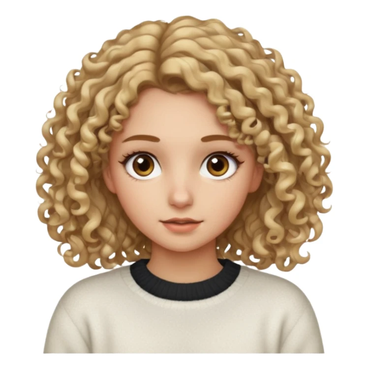 a dirty blonde girl with brown eyes and make her wearing a white sweater with curly hair and white skin color long har and big lashes sticker