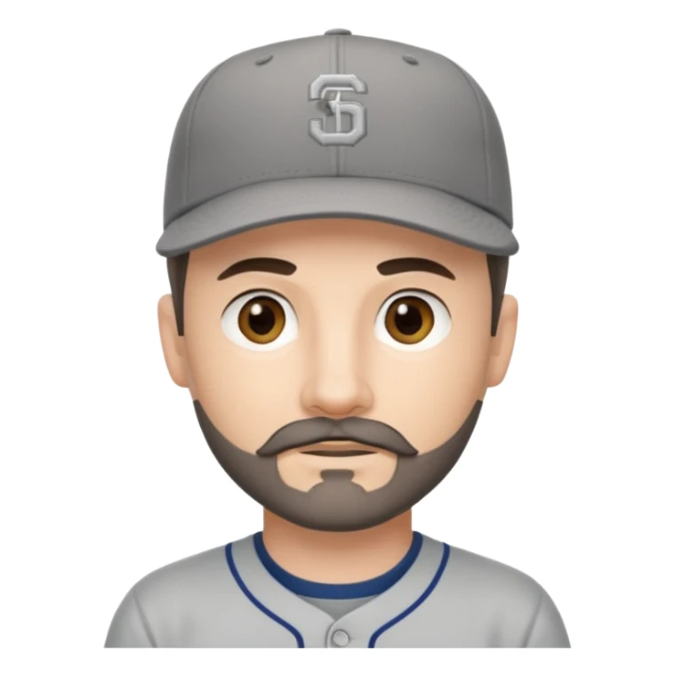 white young male with small dark brown goatee beard and moustache with grey tones wearing a grey baseball cap backwards with hazel eyes sticker