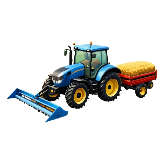 An icon representing a farming simulator, with a detailed tractor plowing fields under a bright sky with rural landscape. The design includes farming tools, crops and barns, symbolizing the immersive experience of managing a farm. Transparent background. sticker