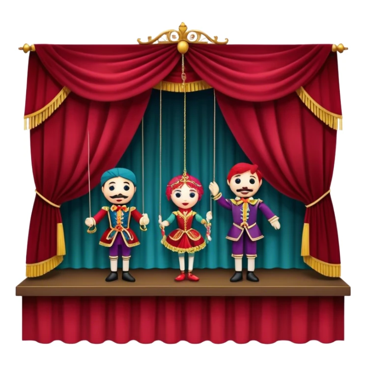 IIcon for Puppet Theater: a puppet stage with colorful marionettes, strings, and theatrical curtains. The icon should capture the whimsical and playful nature of puppet theater, with a focus on the characters and craftsmanship. Transparent background. sticker